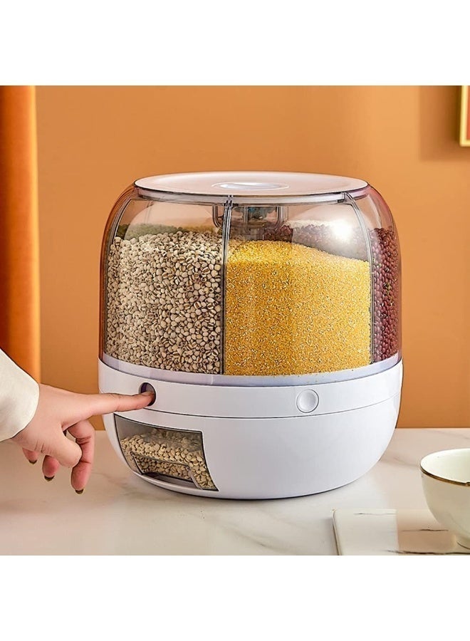 معرض الأعياد موزع حاوية تخزين الحبوب، موزع أرز بسعة 22 رطلاً دوار، موزع طعام يدور بزاوية 360° إخراج بضغطة واحدة لتخزين الأرز، موزع حجمي دائري للمطبخ للحبوب الصغيرة، والفاصوليا، والأرز بسعة 6 أقسام - Image 3